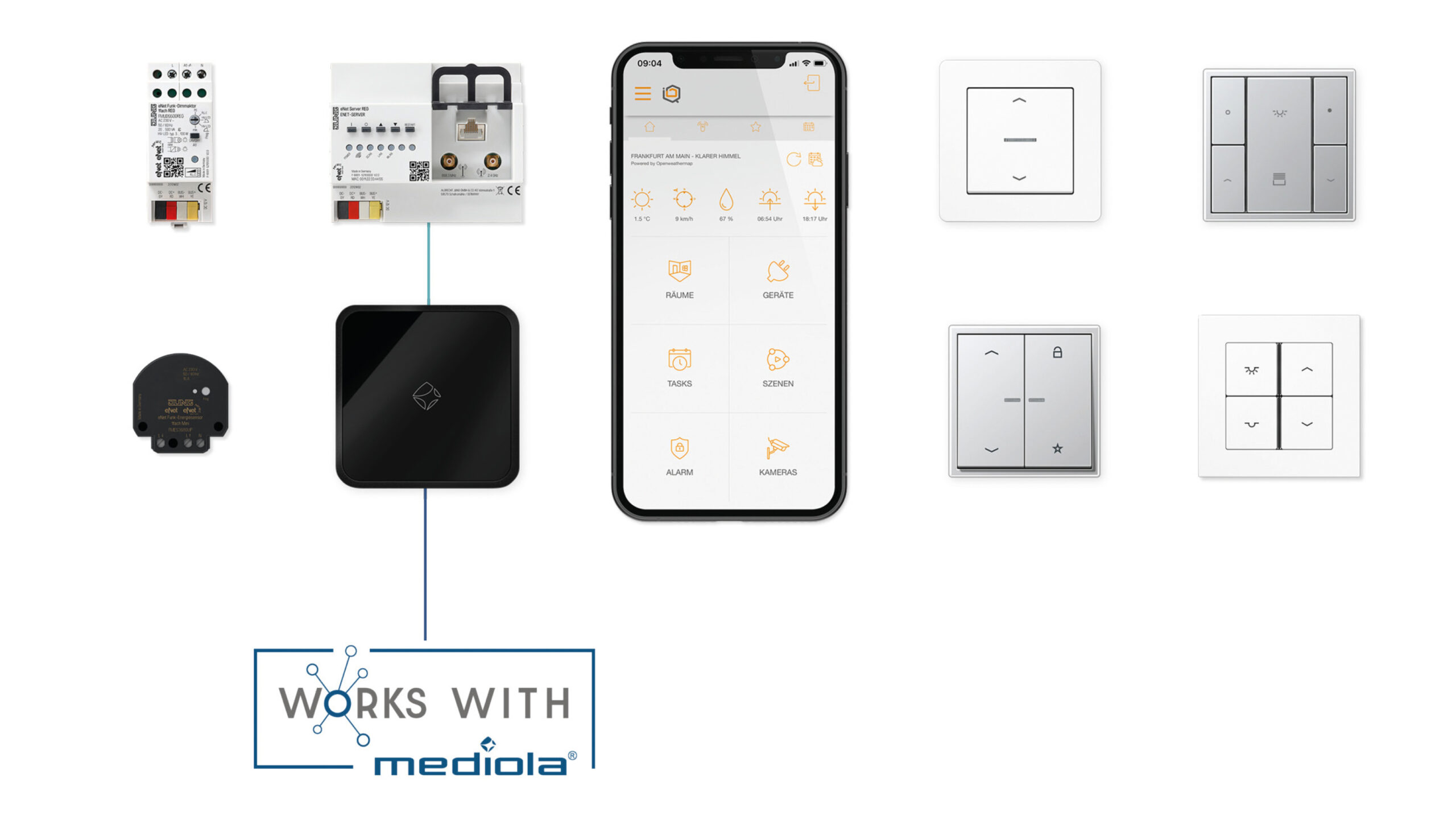 Mit mediola und eNet Smart Home steuern Anwender ihr Smart Home im Jung Schalter-Design.