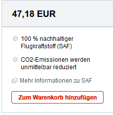 Screenshot aus dem Buchungsprozess bei AUA mit der Information: „100 % nachhaltiger Flugkraftstoff (SAF). CO2-Emissionen werden unmittelbar reduziert.“